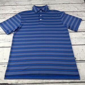 Straight Down Performance Shirt Mens Medium Blue Striped Polo Short Sleeve Golf